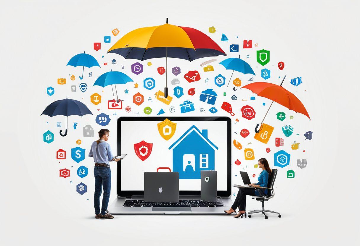 A visually engaging shield made of various insurance policy symbols (health, auto, home, life) in a digital landscape, showcasing a person thoughtfully comparing options on a laptop, with icons of protection like umbrellas and locks floating around. The color palette should be bright and inviting, evoking a sense of security and trust. super-realistic. vibrant colors. white background.