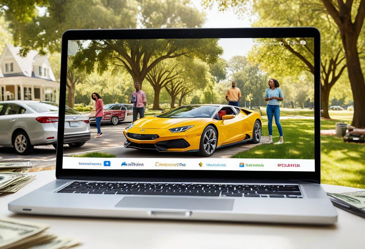 A modern digital landscape showcasing a car morphing into a vibrant life scene, symbolizing the transition from auto insurance to life insurance. Include elements like a laptop with insurance websites open, dollar bills mingling with a family enjoying their life, and diverse people exploring their insurance options. The scene should convey a sense of guidance and clarity. super-realistic. vibrant colors. white background.