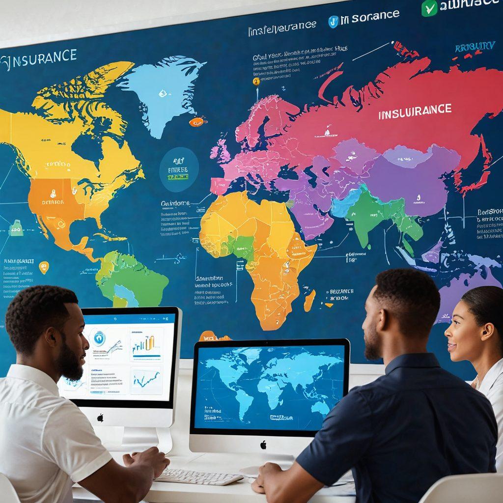 A diverse group of people gathered around a computer, exploring various online insurance options, with colorful infographics and icons representing different types of coverage such as health, auto, and home insurance. A calm, reassuring atmosphere with a backdrop of a digital world map highlighting global insurance options. Bright, friendly colors to evoke trust and security. 3D style.